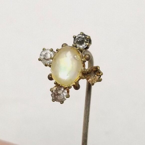 Vintage Rhinestone Stick PIn Brooch, Missing Stone, Oval Cabocohon Center Estate - Picture 5 of 6